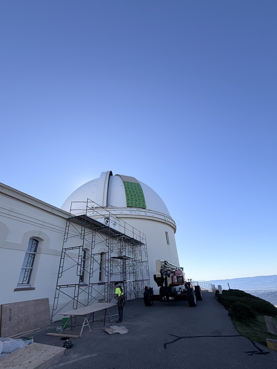 Lick Observatory dome with scaffolding and emergency repair work underway