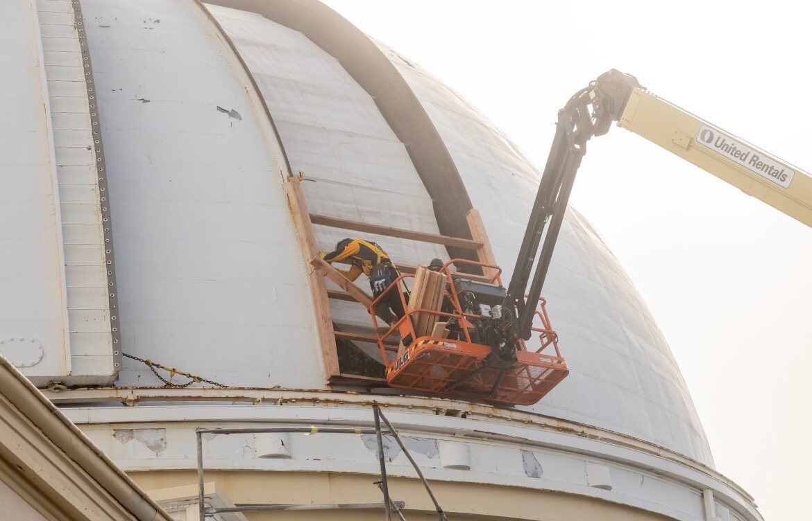 Crew completing elevated emergency repairs on the Lick Observatory dome